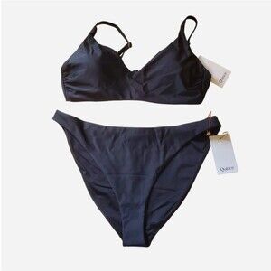 Quince Italian V Neck Bikini Top & Low Rise Bottom Set Size L Black Beach minima